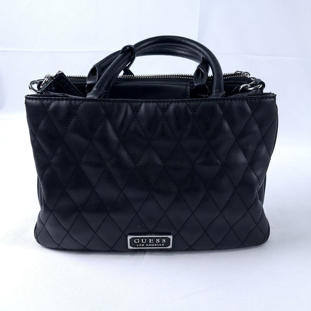 GUESS LOS ANGELES Cessily Women's Black Quilted Faux Leather Satchel Handbag